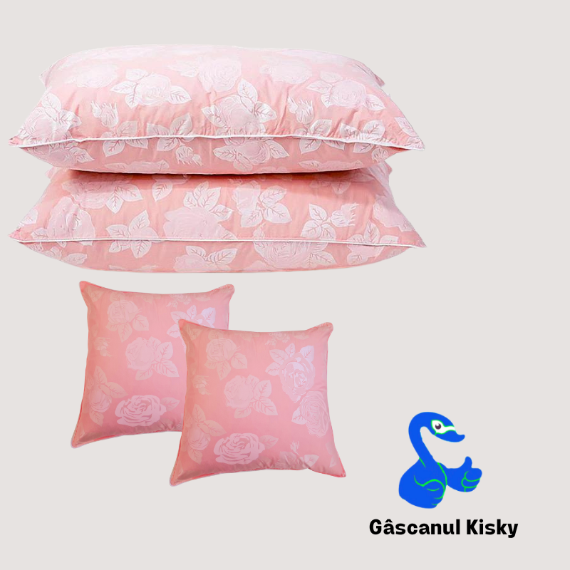 Set 2 perne 50x70cm și 2 pernuțe 40x40cm cu puf și fulgi de gâscă, Roz